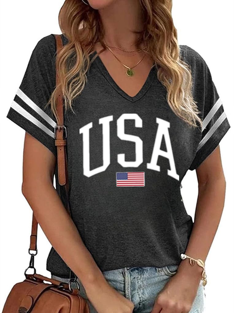 American Flag Shirts Women 4th of July V-Neck Short Sleeve Patriotic T-Shirt Memorial Day Graphic Tee Independence Day Tops
