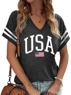 American Flag Shirts Women 4th of July V-Neck Short Sleeve Patriotic T-Shirt Memorial Day Graphic Tee Independence Day Tops