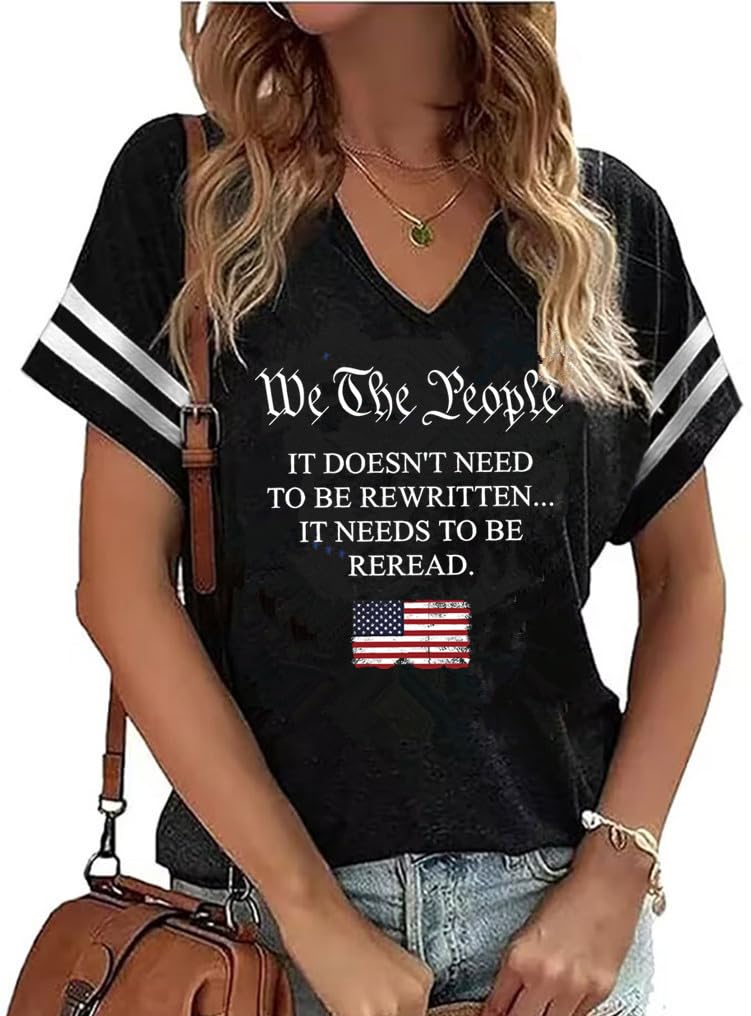 American Flag Shirts Women 4th of July V-Neck Short Sleeve Patriotic T-Shirt Memorial Day Graphic Tee Independence Day Tops