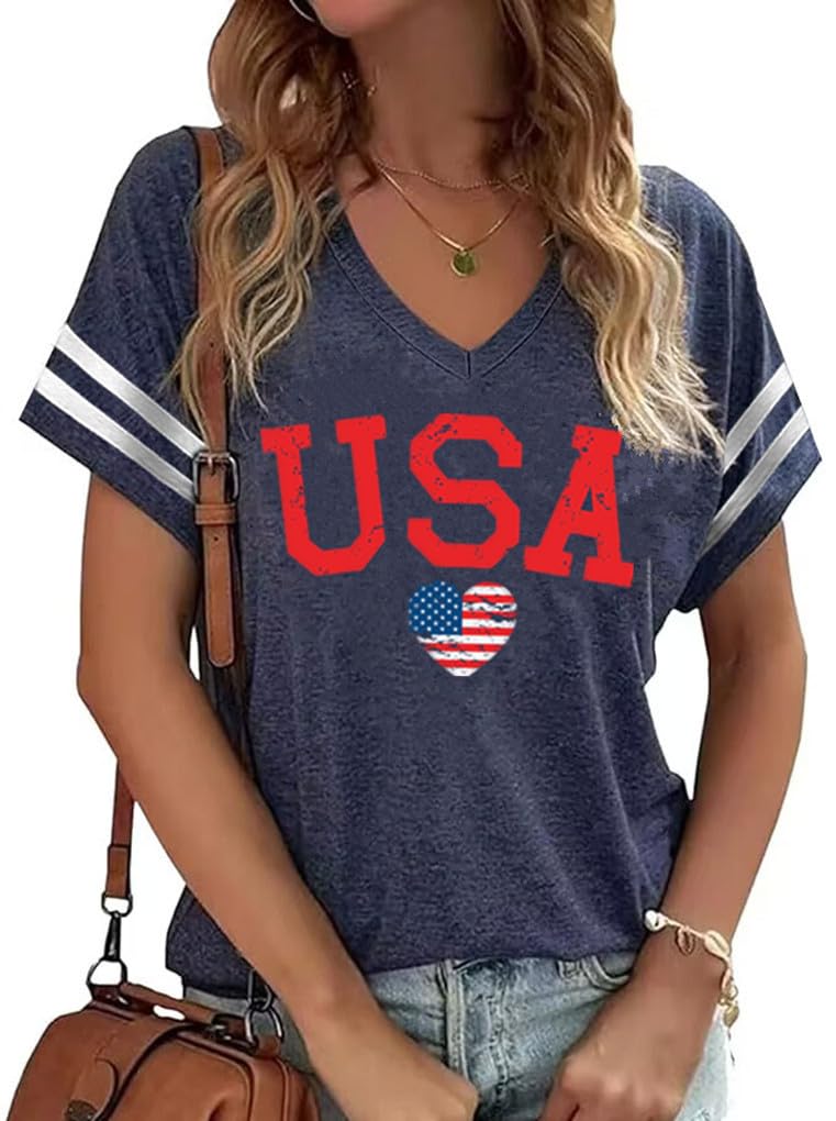 American Flag Shirts Women 4th of July V-Neck Short Sleeve Patriotic T-Shirt Memorial Day Graphic Tee Independence Day Tops