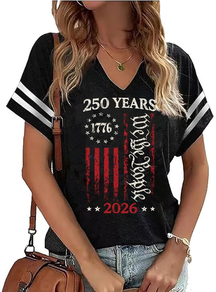 American Flag Shirts Women 4th of July V-Neck Short Sleeve Patriotic T-Shirt Memorial Day Graphic Tee Independence Day Tops