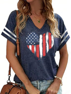 American Flag Shirts Women 4th of July V-Neck Short Sleeve Patriotic T-Shirt Memorial Day Graphic Tee Independence Day Tops