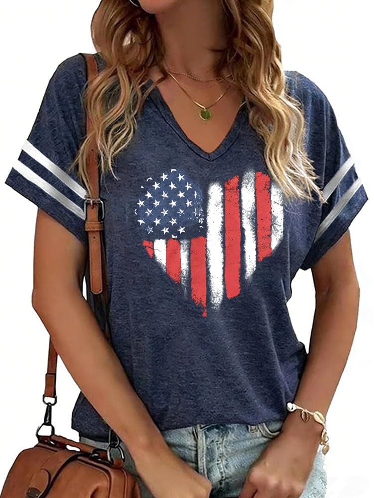 American Flag Shirts Women 4th of July V-Neck Short Sleeve Patriotic T-Shirt Memorial Day Graphic Tee Independence Day Tops
