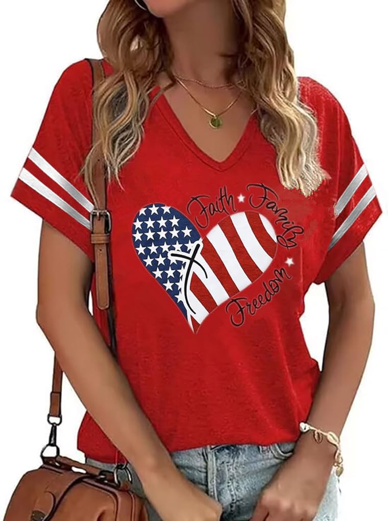 American Flag Shirts Women 4th of July V-Neck Short Sleeve Patriotic T-Shirt Memorial Day Graphic Tee Independence Day Tops