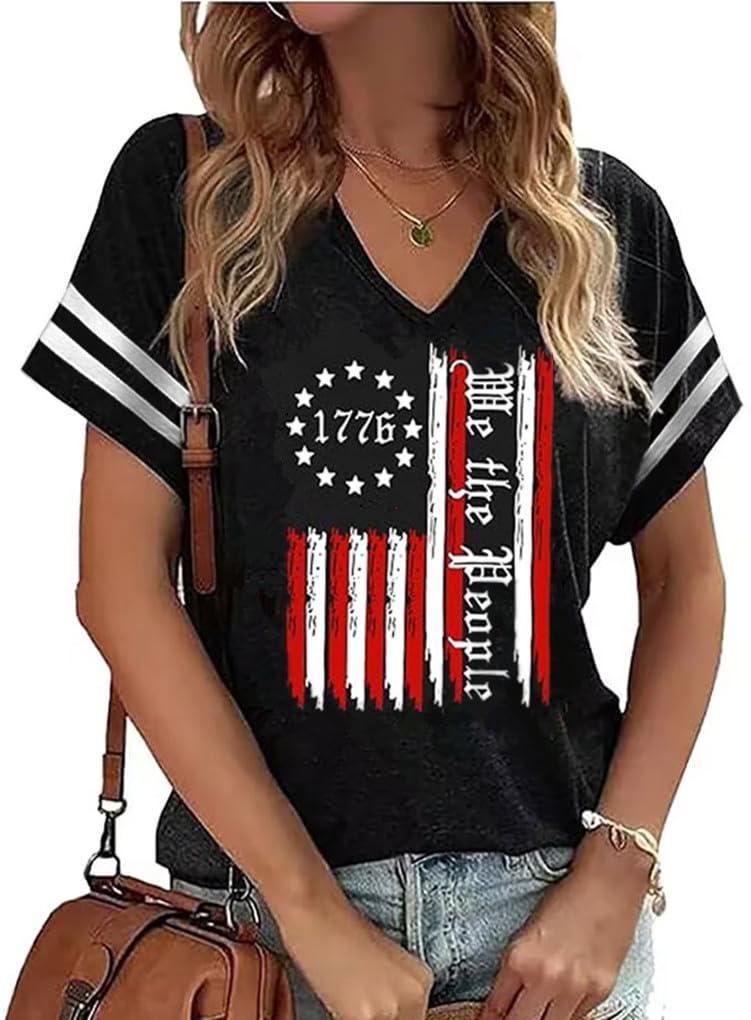 American Flag Shirts Women 4th of July V-Neck Short Sleeve Patriotic T-Shirt Memorial Day Graphic Tee Independence Day Tops