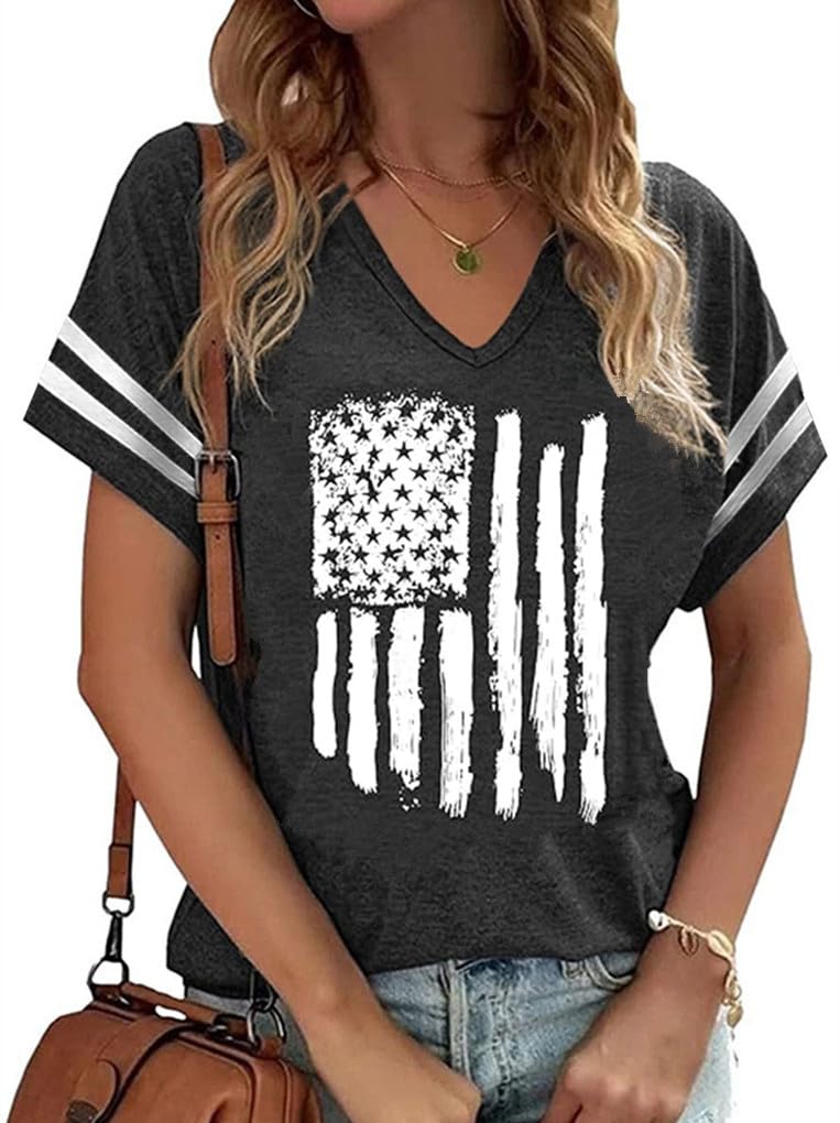 American Flag Shirts Women 4th of July V-Neck Short Sleeve Patriotic T-Shirt Memorial Day Graphic Tee Independence Day Tops