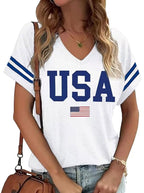 American Flag Shirts Women 4th of July V-Neck Short Sleeve Patriotic T-Shirt Memorial Day Graphic Tee Independence Day Tops