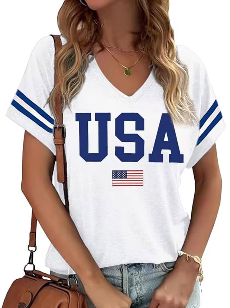 American Flag Shirts Women 4th of July V-Neck Short Sleeve Patriotic T-Shirt Memorial Day Graphic Tee Independence Day Tops