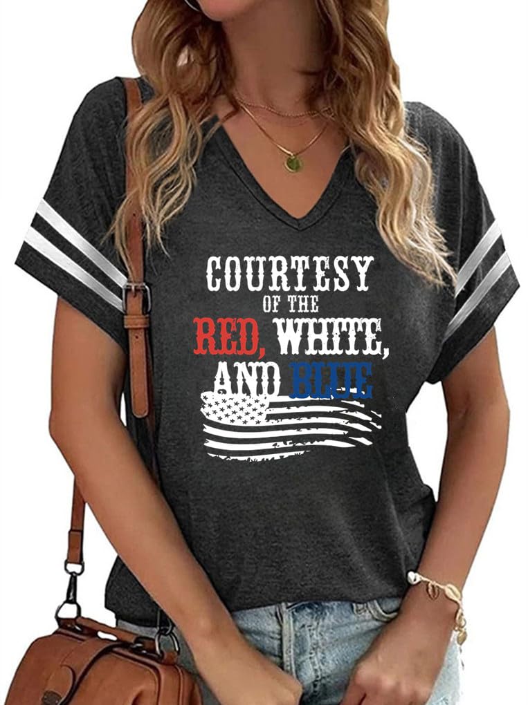 American Flag Shirts Women 4th of July V-Neck Short Sleeve Patriotic T-Shirt Memorial Day Graphic Tee Independence Day Tops