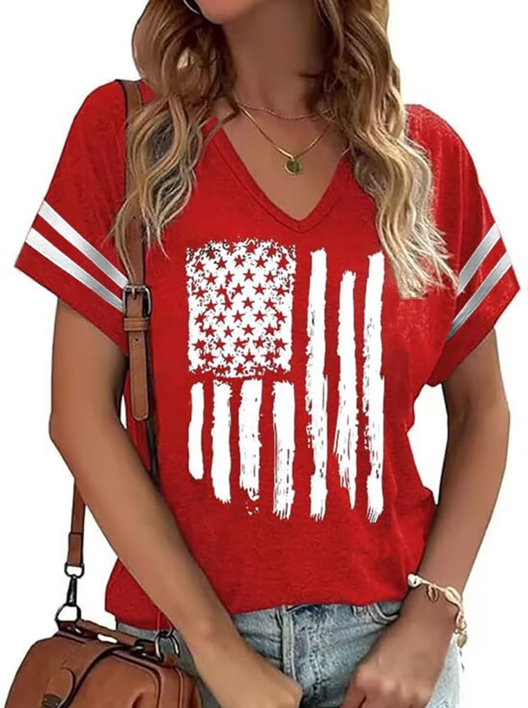 American Flag Shirts Women 4th of July V-Neck Short Sleeve Patriotic T-Shirt Memorial Day Graphic Tee Independence Day Tops