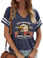 American Flag Shirts Women 4th of July V-Neck Short Sleeve Patriotic T-Shirt Memorial Day Graphic Tee Independence Day Tops