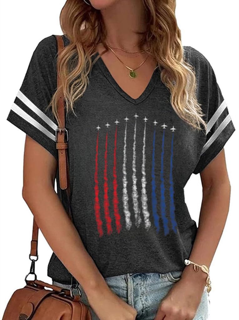 American Flag Shirts Women 4th of July V-Neck Short Sleeve Patriotic T-Shirt Memorial Day Graphic Tee Independence Day Tops