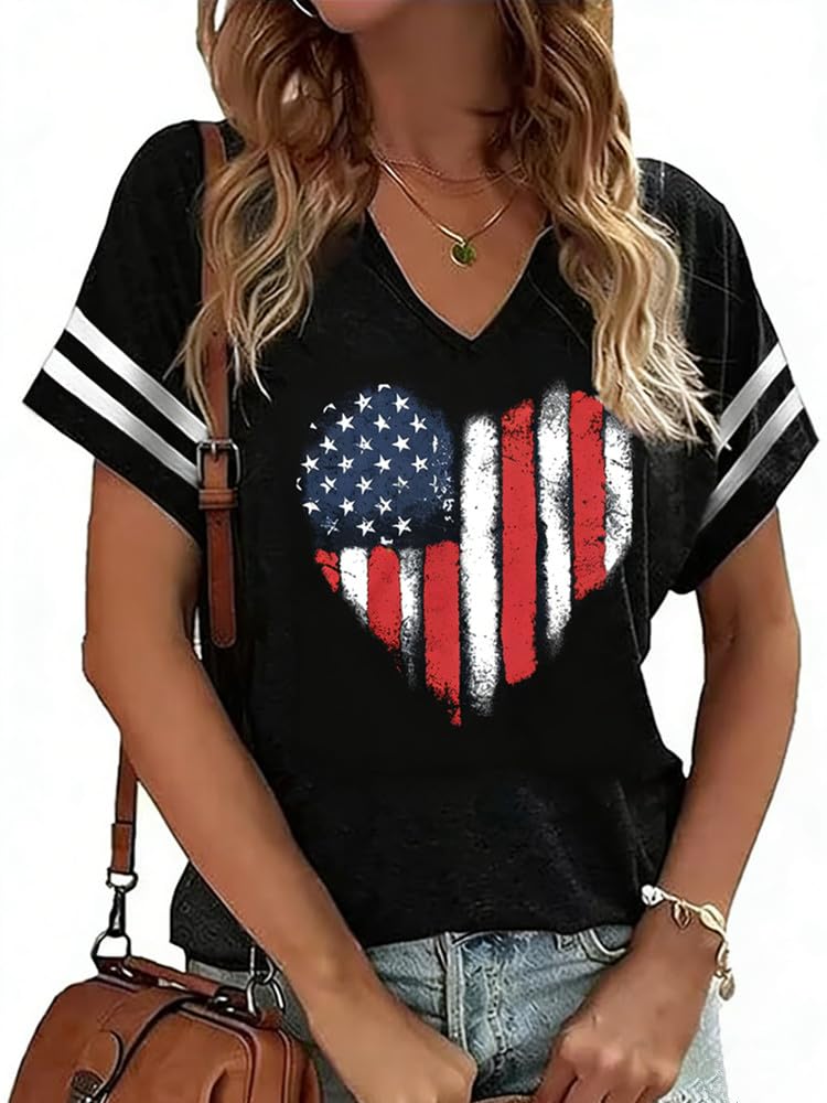 American Flag Shirts Women 4th of July V-Neck Short Sleeve Patriotic T-Shirt Memorial Day Graphic Tee Independence Day Tops