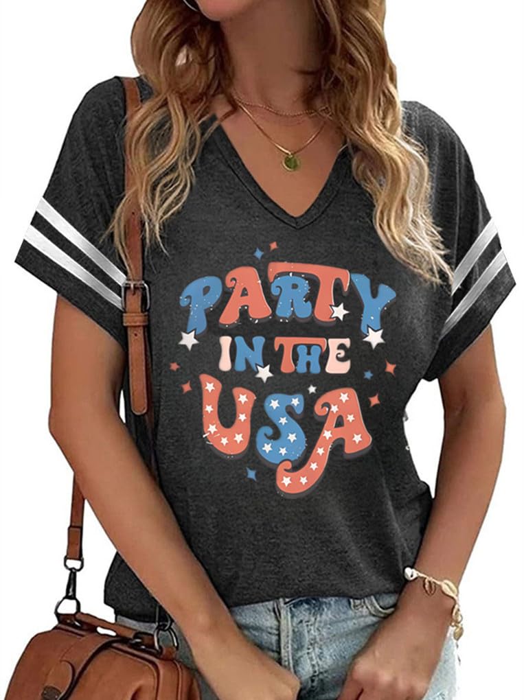 American Flag Shirts Women 4th of July V-Neck Short Sleeve Patriotic T-Shirt Memorial Day Graphic Tee Independence Day Tops