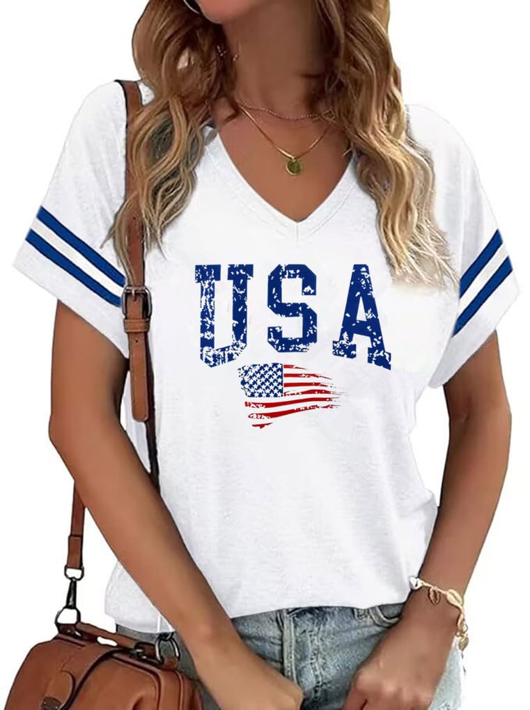 American Flag Shirts Women 4th of July V-Neck Short Sleeve Patriotic T-Shirt Memorial Day Graphic Tee Independence Day Tops