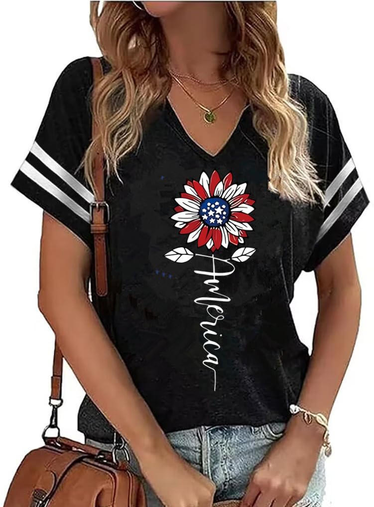 American Flag Shirts Women 4th of July V-Neck Short Sleeve Patriotic T-Shirt Memorial Day Graphic Tee Independence Day Tops