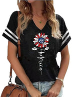 American Flag Shirts Women 4th of July V-Neck Short Sleeve Patriotic T-Shirt Memorial Day Graphic Tee Independence Day Tops