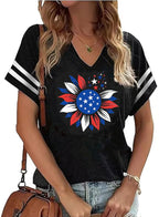 American Flag Shirts Women 4th of July V-Neck Short Sleeve Patriotic T-Shirt Memorial Day Graphic Tee Independence Day Tops