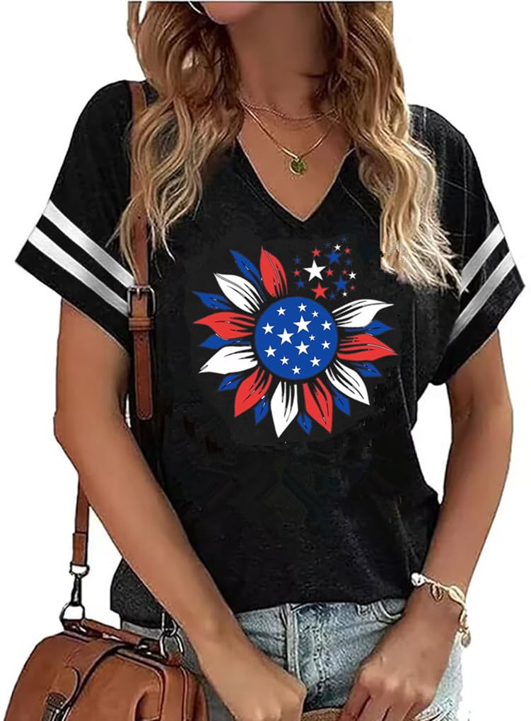 American Flag Shirts Women 4th of July V-Neck Short Sleeve Patriotic T-Shirt Memorial Day Graphic Tee Independence Day Tops