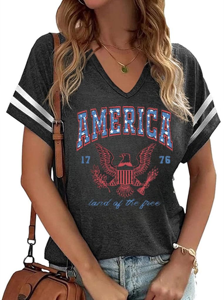American Flag Shirts Women 4th of July V-Neck Short Sleeve Patriotic T-Shirt Memorial Day Graphic Tee Independence Day Tops
