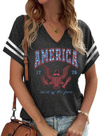 American Flag Shirts Women 4th of July V-Neck Short Sleeve Patriotic T-Shirt Memorial Day Graphic Tee Independence Day Tops
