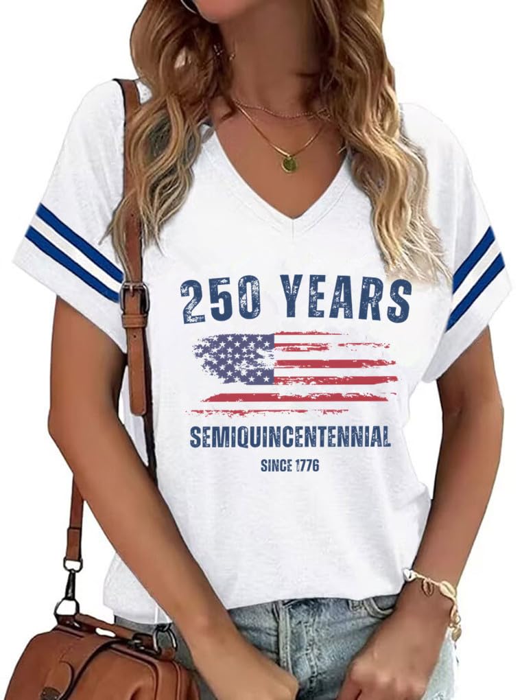 American Flag Shirts Women 4th of July V-Neck Short Sleeve Patriotic T-Shirt Memorial Day Graphic Tee Independence Day Tops