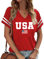 American Flag Shirts Women 4th of July V-Neck Short Sleeve Patriotic T-Shirt Memorial Day Graphic Tee Independence Day Tops