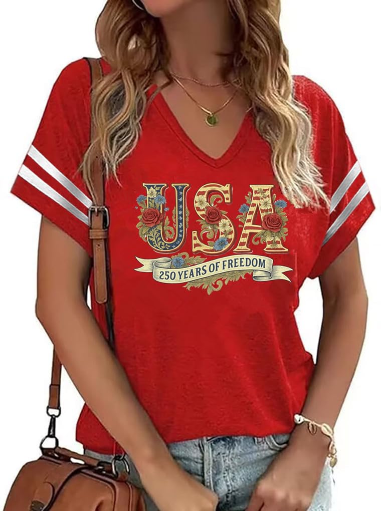 American Flag Shirts Women 4th of July V-Neck Short Sleeve Patriotic T-Shirt Memorial Day Graphic Tee Independence Day Tops