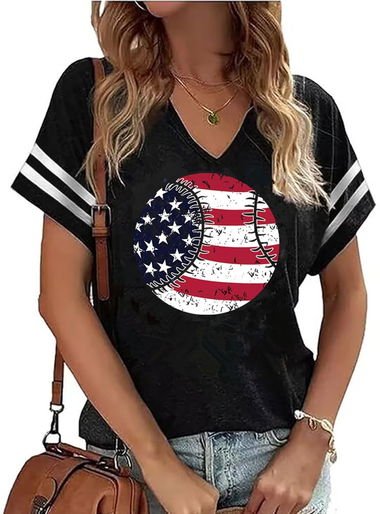 American Flag Shirts Women 4th of July V-Neck Short Sleeve Patriotic T-Shirt Memorial Day Graphic Tee Independence Day Tops