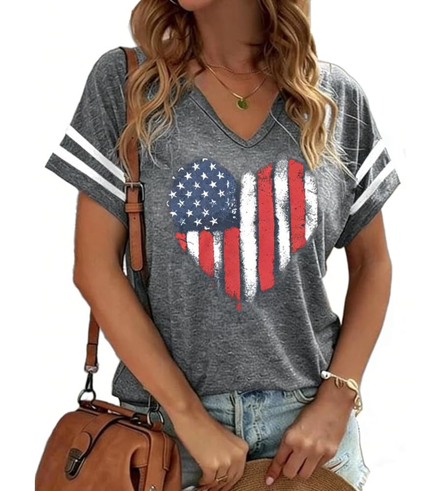 American Flag Shirts Women 4th of July V-Neck Short Sleeve Patriotic T-Shirt Memorial Day Graphic Tee Independence Day Tops