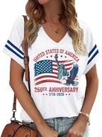 American Flag Shirts Women 4th of July V-Neck Short Sleeve Patriotic T-Shirt Memorial Day Graphic Tee Independence Day Tops
