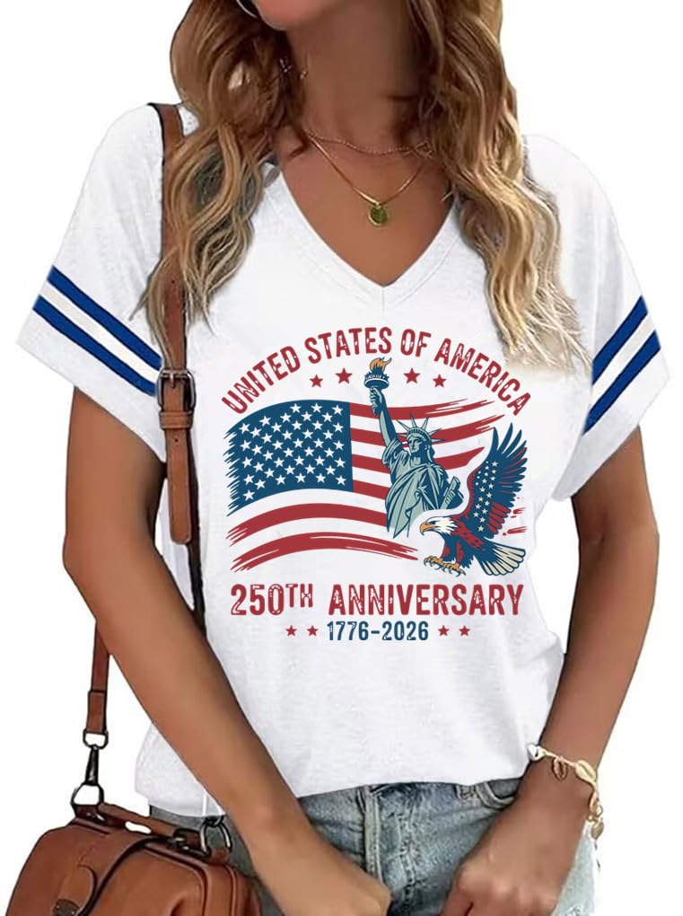 American Flag Shirts Women 4th of July V-Neck Short Sleeve Patriotic T-Shirt Memorial Day Graphic Tee Independence Day Tops