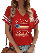 American Flag Shirts Women 4th of July V-Neck Short Sleeve Patriotic T-Shirt Memorial Day Graphic Tee Independence Day Tops