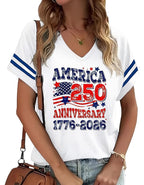 American Flag Shirts Women 4th of July V-Neck Short Sleeve Patriotic T-Shirt Memorial Day Graphic Tee Independence Day Tops