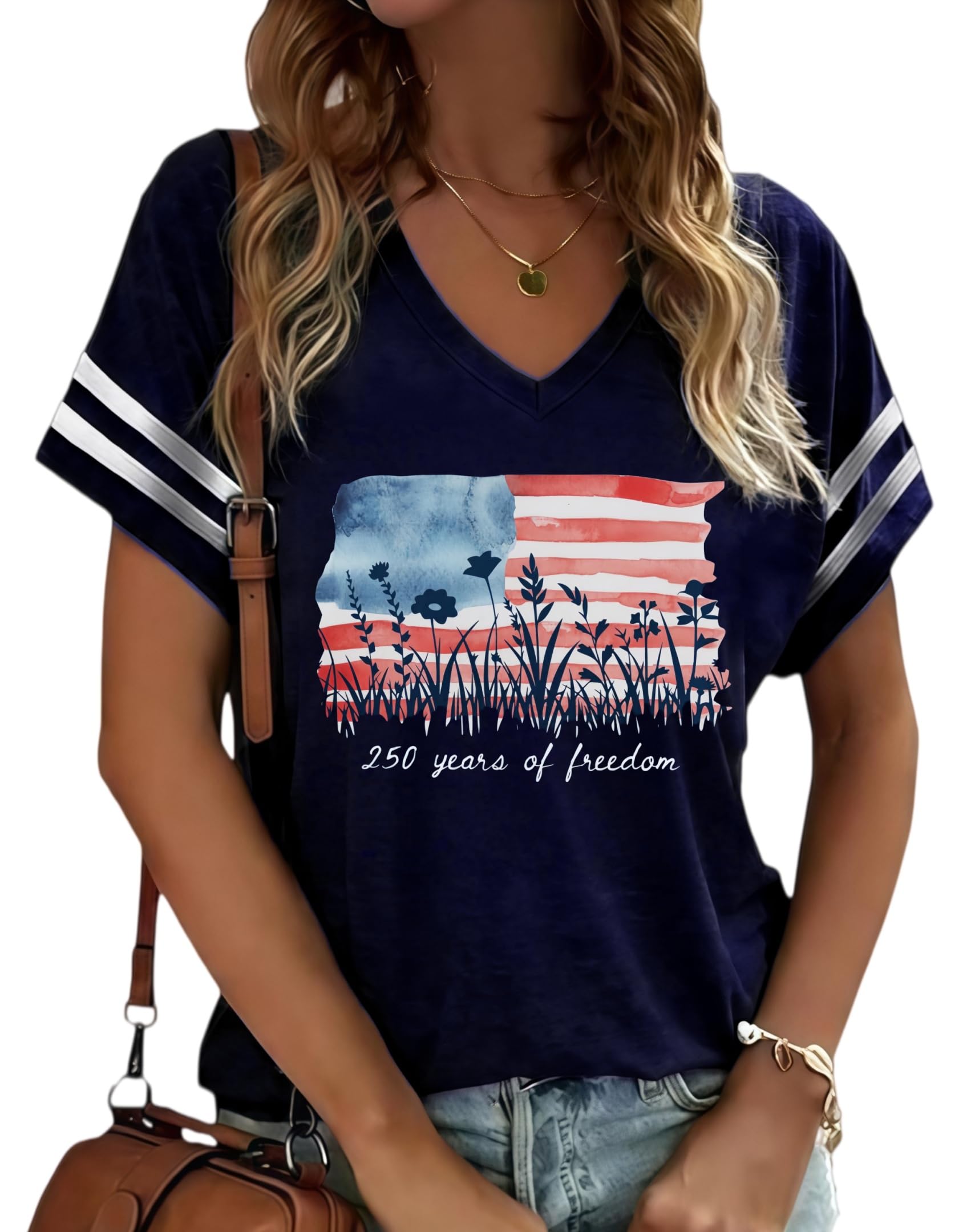 American Flag Shirts Women 4th of July V-Neck Short Sleeve Patriotic T-Shirt Memorial Day Graphic Tee Independence Day Tops